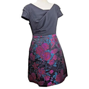 Adrianna Papell Drape Front Jacquard Multicolored Floral Mini Dress Lined Sz 12